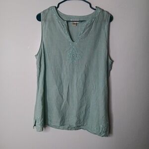 Christopher & Banks Tank Top XL Blue Embellished Linen V-Neck Indie Boho Beach